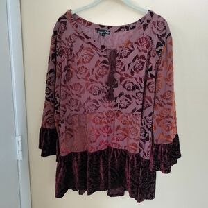 RXB Burnt Out Velvet Floral Tie Tiered Top XL Bell Sleeve Flowy Office